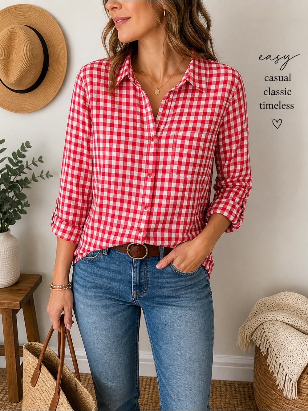 TEX Red White Gingham Plaid Button Front Cotton Shirt Womens Size 46 Large